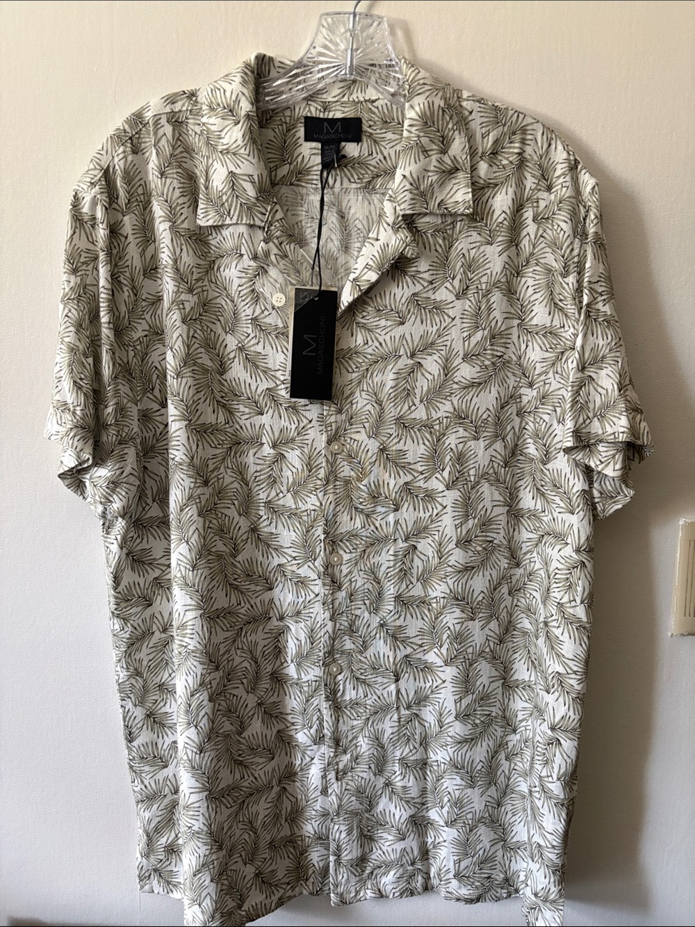 Magaschoni White Short Sleeve Palm-Leaf Button Down Shirt